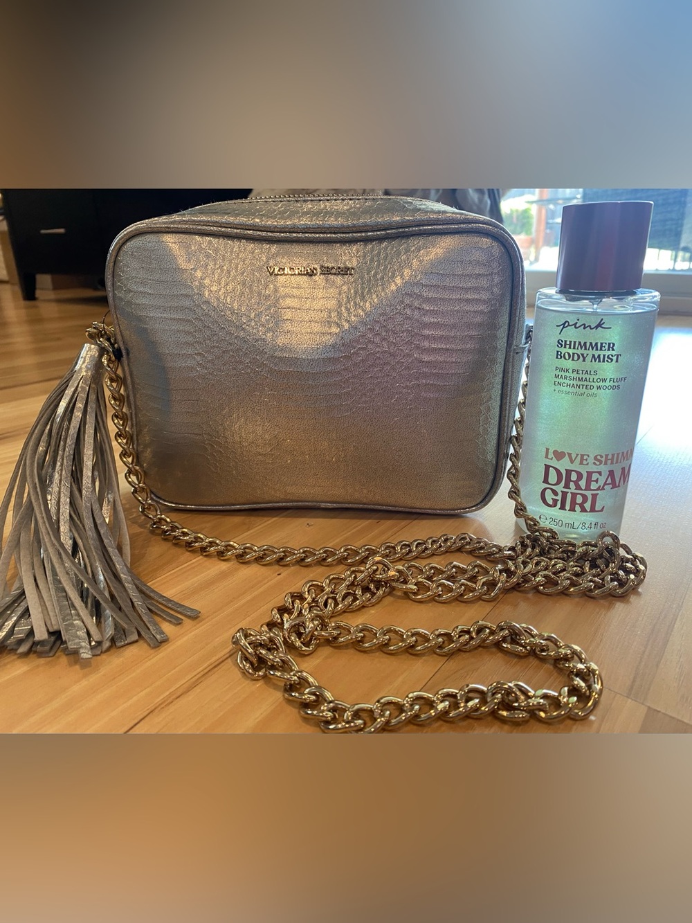 VS Metallic Crossbody Bag with Tassel & EMPTY Dreamgirl Shimmer Body Mist Duo